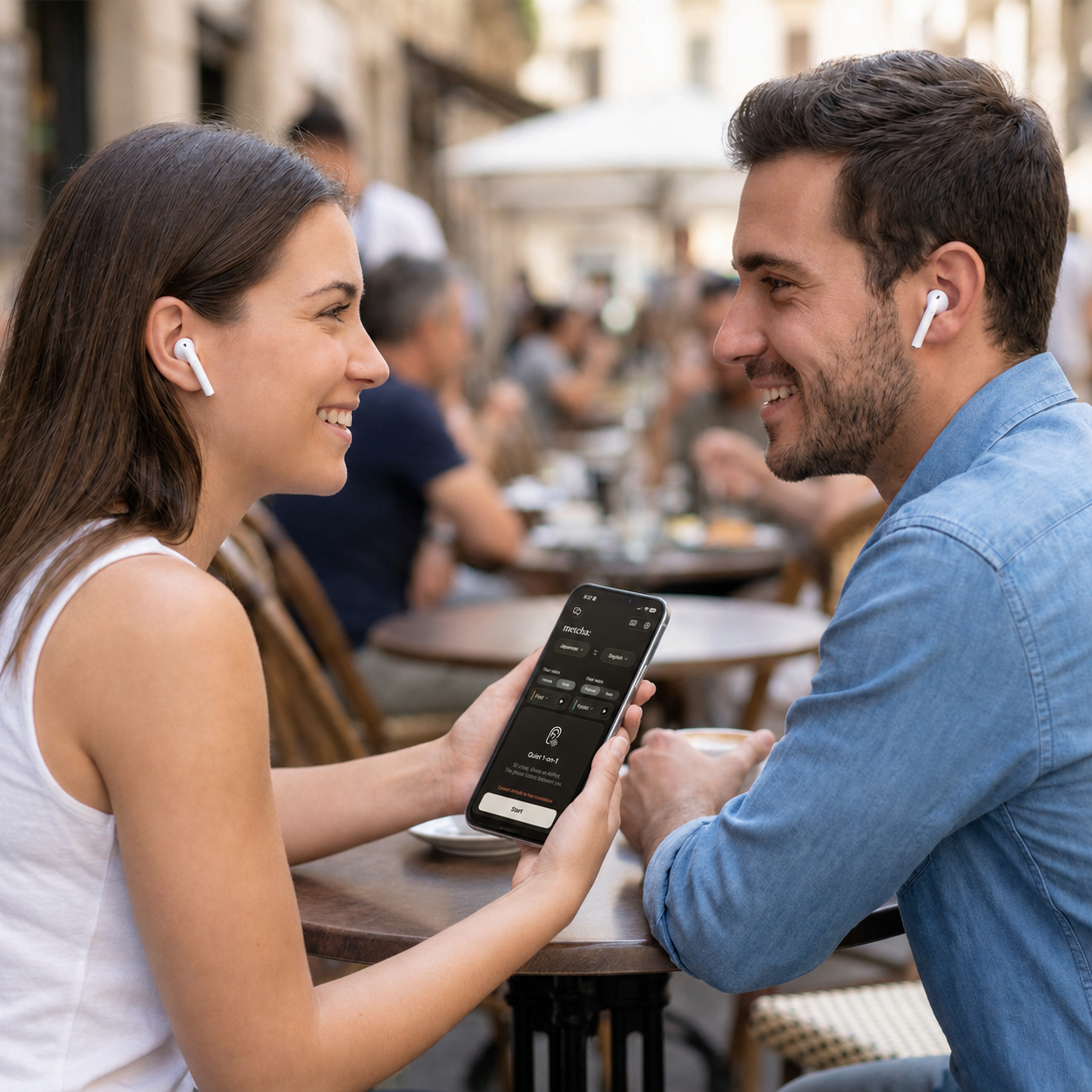 Two people sharing earbuds and talking face-to-face while metcha translates between them.
